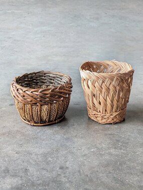 Vintage Brown Wicker Straw Basket Planters Set of Two